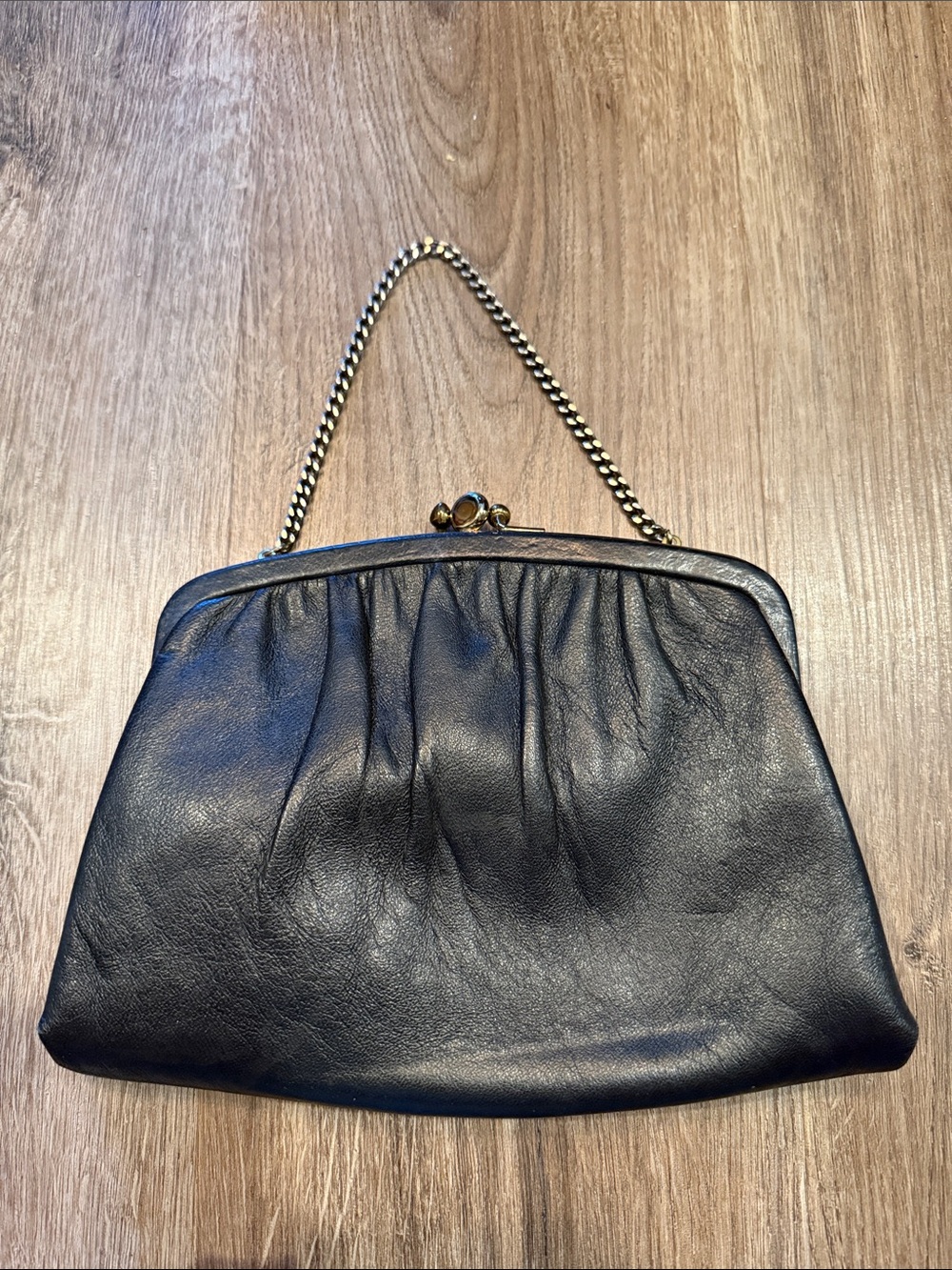 Ande' Vintage Black Leather Double KISS Lock Clutch Purse Evening Handbag